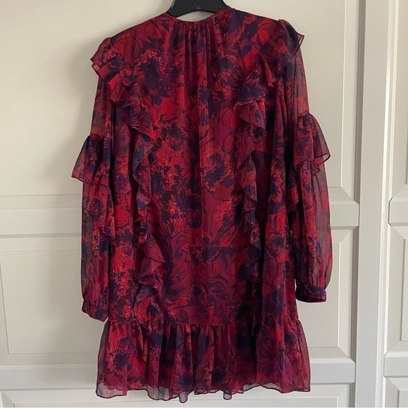 New! Cinq a Sept Livie Dark Red Print Tie Neck Ruffled Mini Dress 20722 - Picture 3 of 10